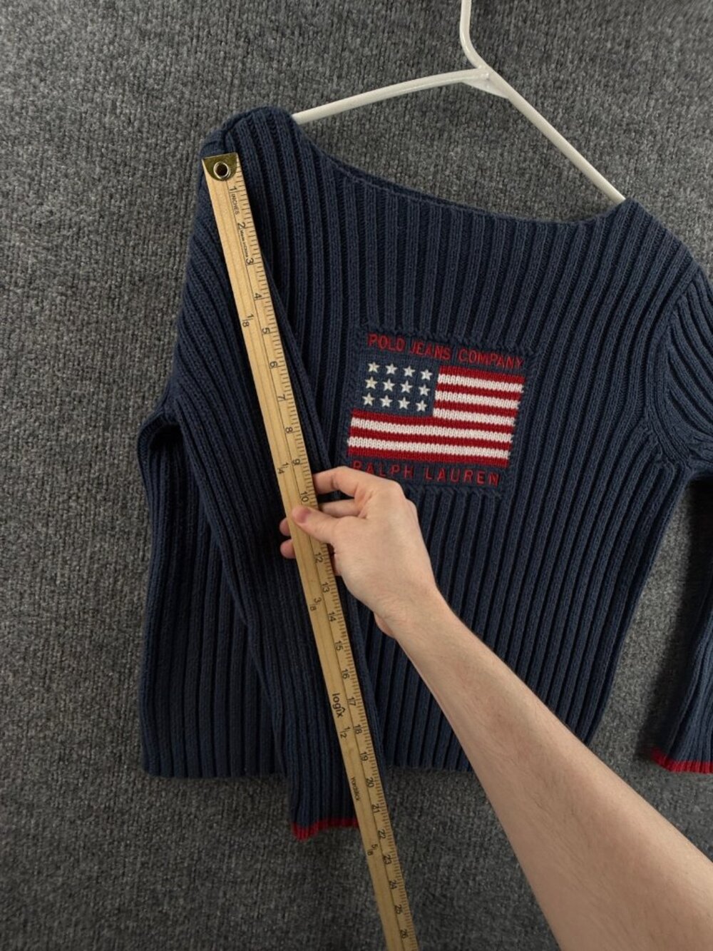 Ralph Lauren Boat Neck Ribbed USA Flag Polo Jeans Company Sweater Blue Logo XL - Picture 10 of 15